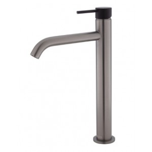 Kaya Tall Basin Mixer, Gun Metal With Matte Black Handle